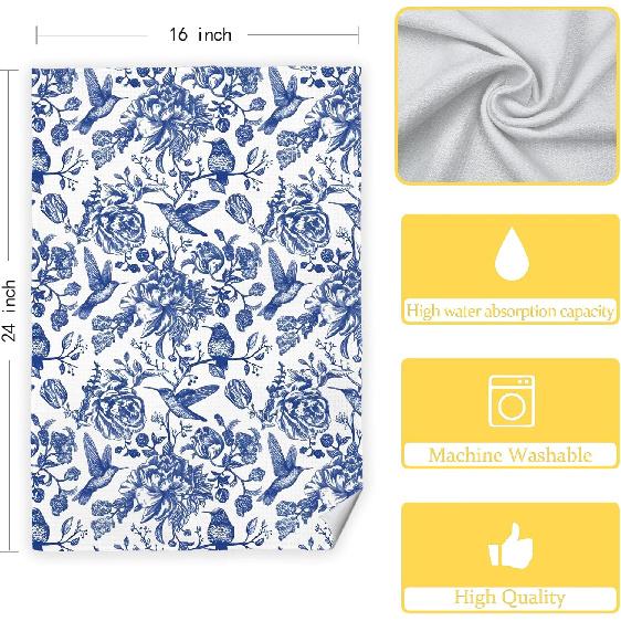 Blue and White Chinoiserie Floral Bird Tea Hand Dish Towels for Kitchen Bathroom, Chinoiserie Decor, Blue Tea Hand Dish Kitchen Towels, 16x24