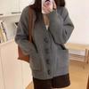Cow Horn Button Top Women's Knitwear Autumn and Winter Soft Loose V-neck Sweater Knitted Cardigan Jacket