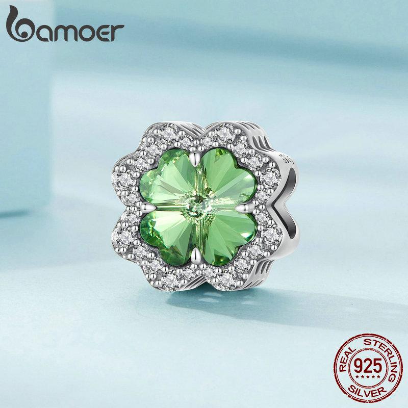 Bamoer Серебро 925 Зеленые Прозрачные Бусины-Клевер Кулон 'Древо Жизни' Семейный Растительные Шармы для Женского Ожерелья DIY