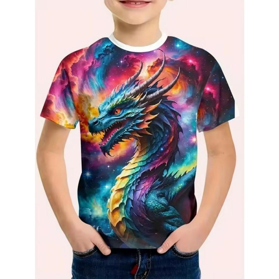 3D Digital Print Kids Stylish Lion Dragon Animal Pattern T-Shirt Boys Short Sleeve Crew Neck Casual T-shirts