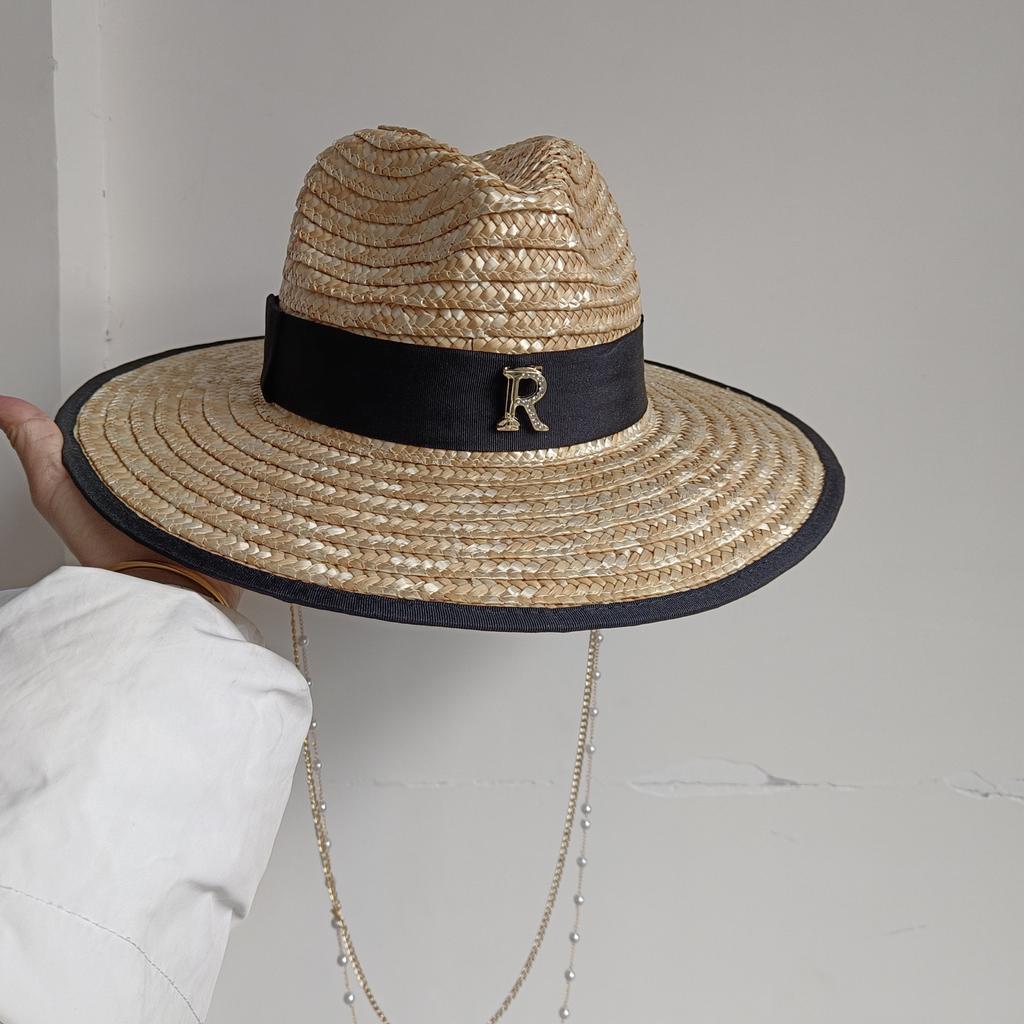 Summer Straw Hat Pearl Pin Women's Summer Seaside Sunshade Hollow Groove Flat Top Straw Hat  Sombrero