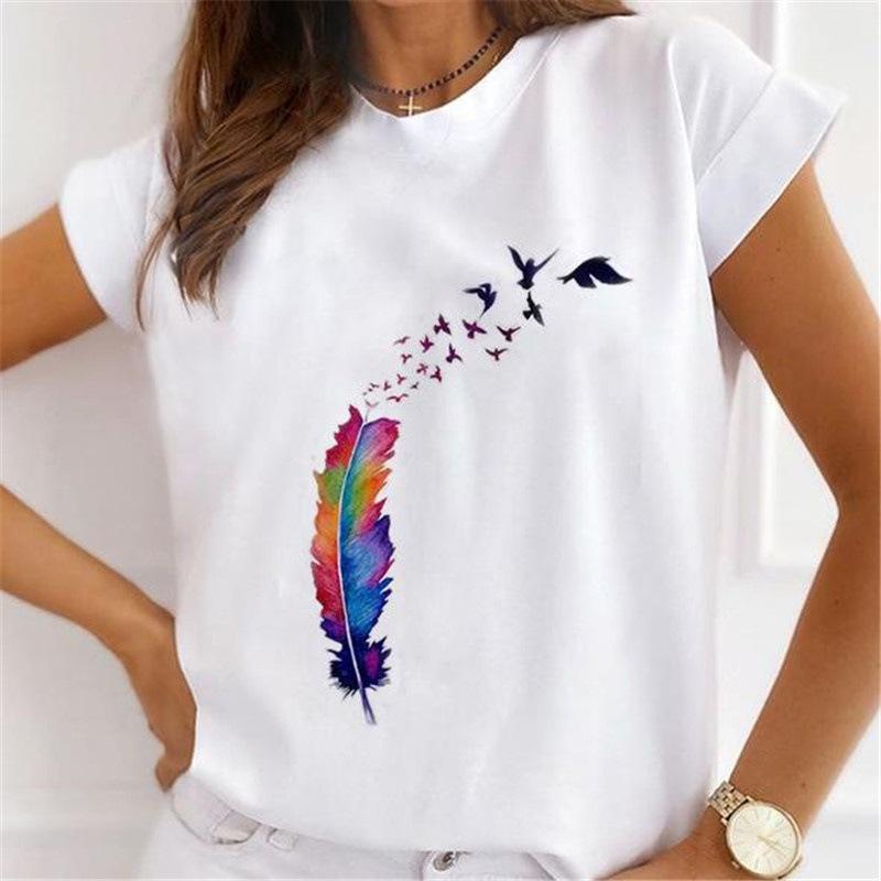Summer Floral Girl Printed Base Shirt Cute Cartoon Round Neck Plus Size Pure Cotton Short Sleeved Top T-Shirts Women’s