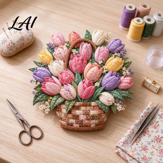DIY Craft Kit with Precut Fabric Floral Basket Patchwork Kit Sewing Pre-cut Fabric Flower Project for Adults Handmade Home Wall Art Decor