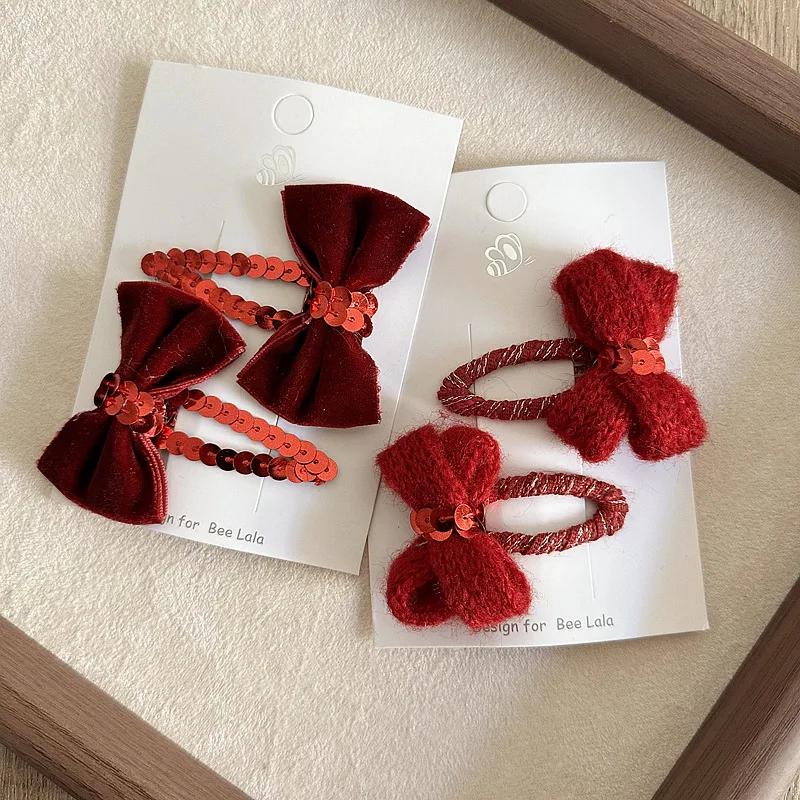 2 шт./комплект, красные детские заколки для волос, новогодняя рождественская серия, бант, пояс, заколка BB для малышей, милые модные аксессуары для волос принцессы