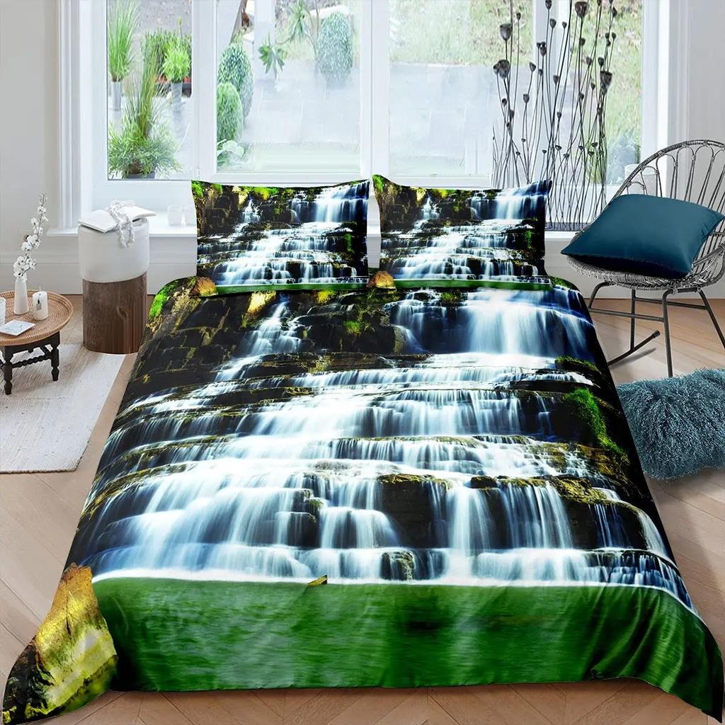 Комплект постельного белья «Водопад» с изображением природного пейзажа, наволочка с изображением пейзажа и леса, комплект постельного белья из полиэстера размера «queen size»