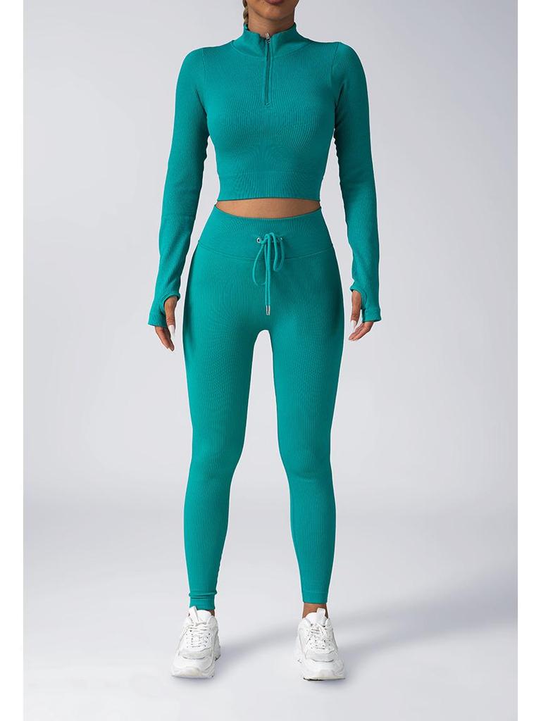 Women's Seamless Fitness Yoga Set: Zipper Long-Sleeve Top & Drawstring Hip-Lifting Trousers