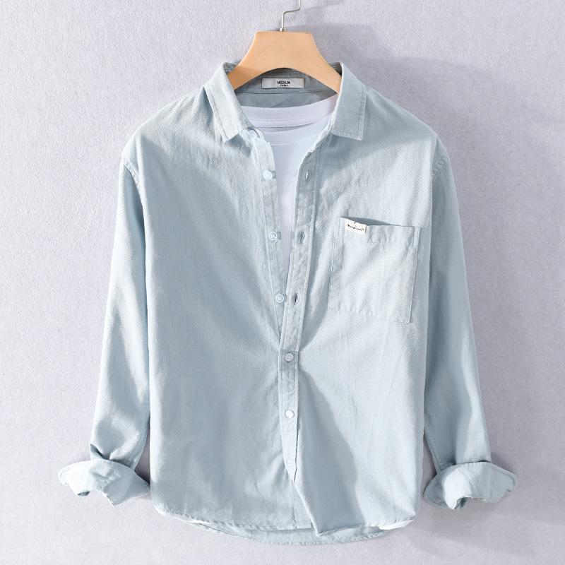 Весенне-летняя мужская рубашка с длинным рукавом в корейском стиле, молодежная повседневная рубашка из чистого хлопка для мужчин, однотонная рубашка с воротником-лацканами, пуговицами и карманом