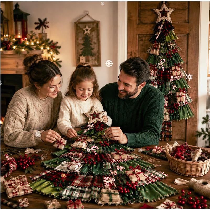 DIY Patchwork Christmas Tree Kit, Farmhouse Fabric Xmas Wall Hanging Ornament Craft Set, Complete Sewing Material Kit for Gifts
