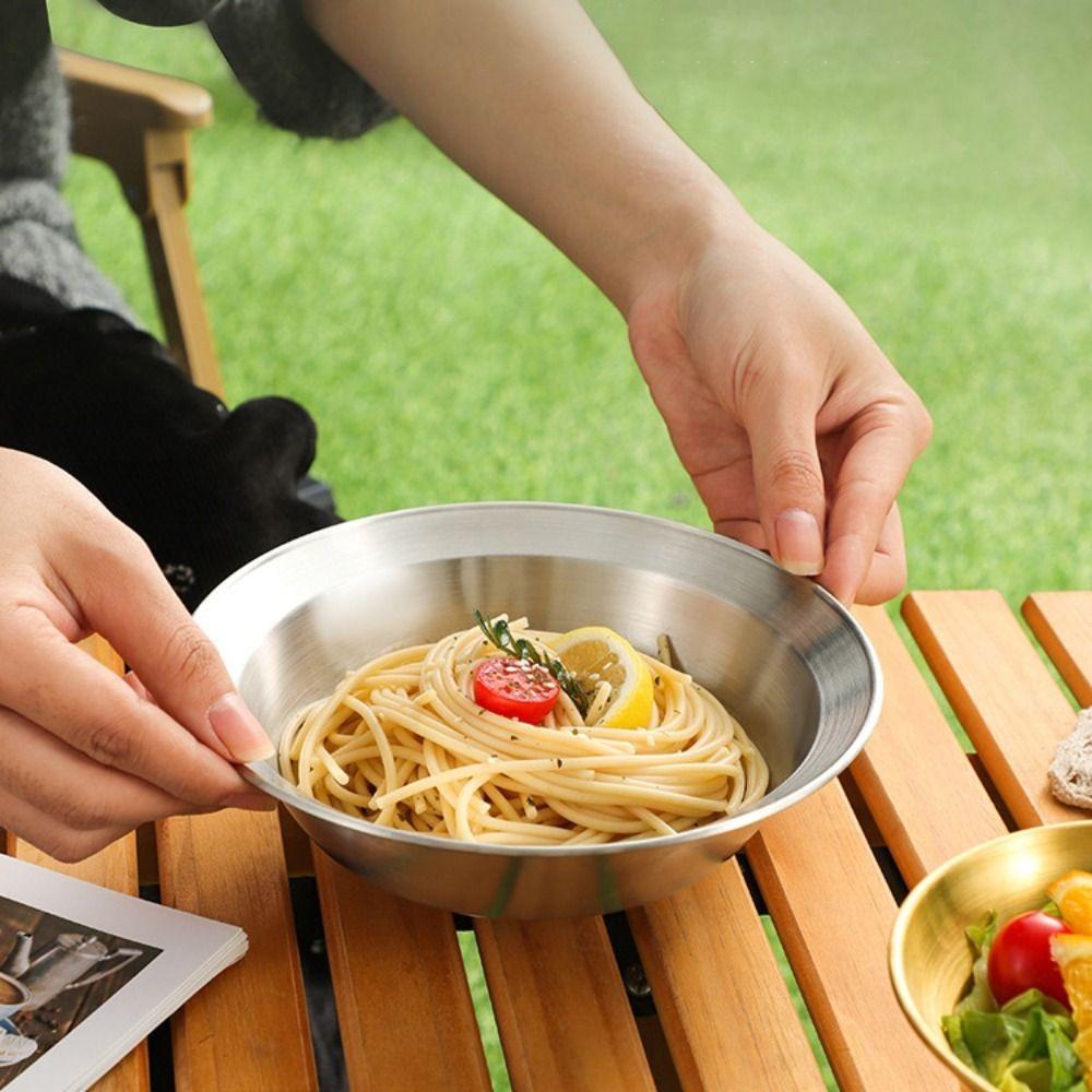 4PCS/SET Stainless Steel Outdoor Dining Plate Bowl Straw Hat Design Dessert Plate Easy To Clean