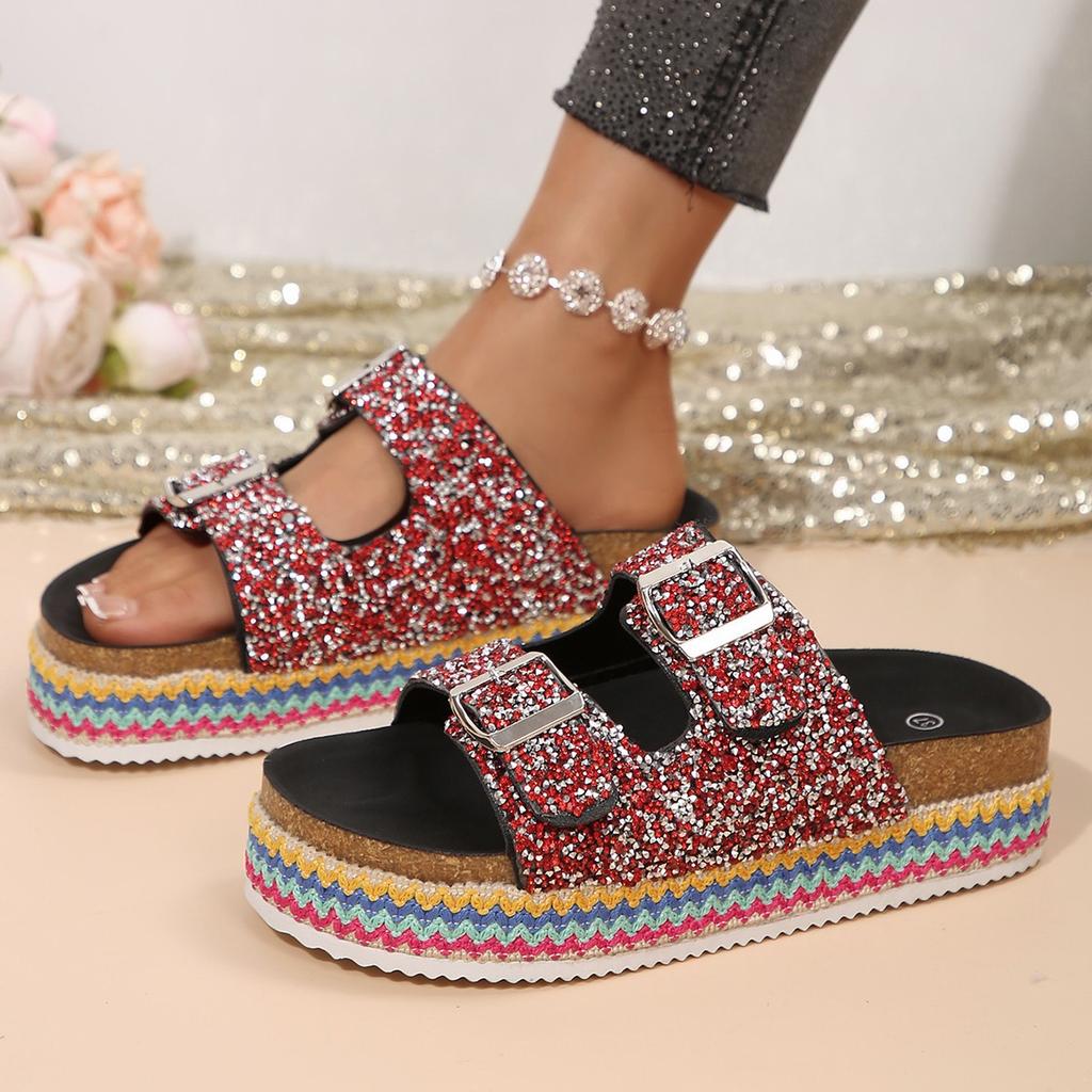 2025 Foreign Trade Slippers Fashionable Rhinestone Double Buckle One Pedal Platform Women's Beach Sandals Large Size