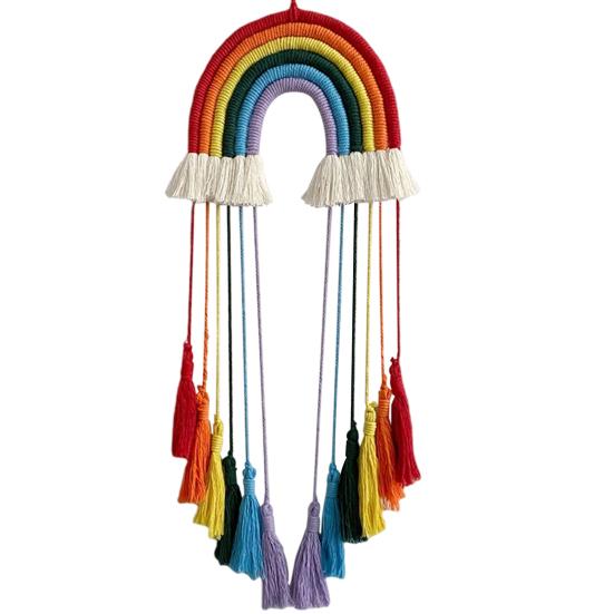 Hanging Ornament Boho Rainbow Macrame Wall Hanging with Tassels Hand Woven Clip Holder Creative Home Decoration Hanging Ornament