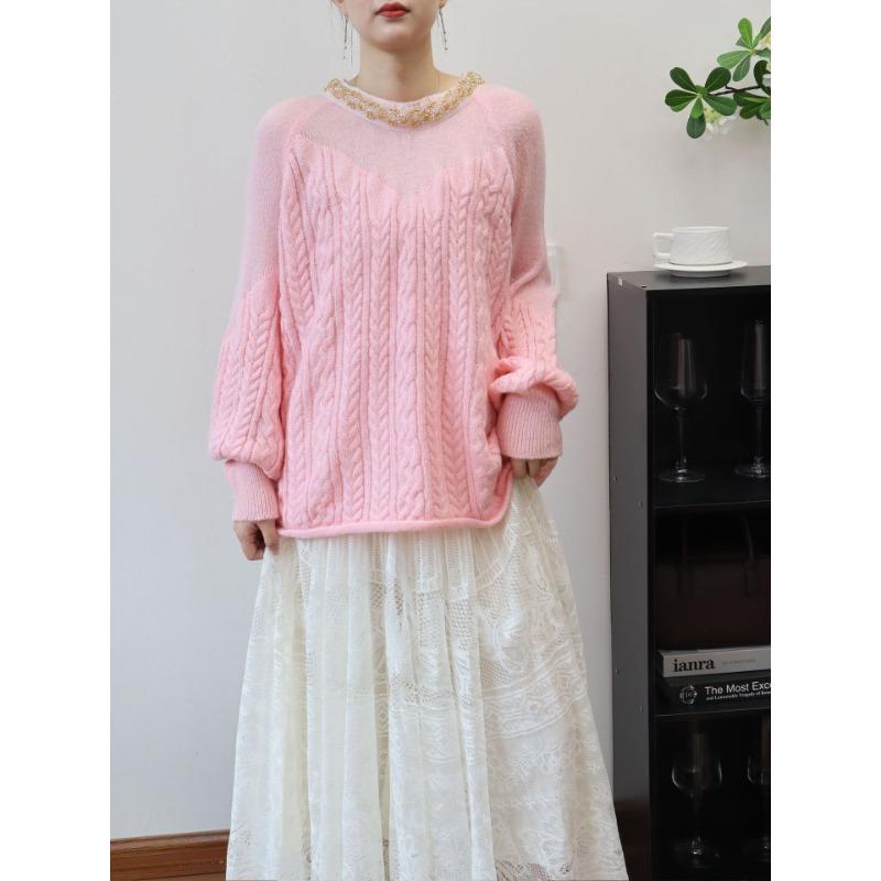 Autumn and Winter New Bead Design Knitted Sweater Top Loose Soft Waxy Gentle Wind Sweater Pullover Woman
