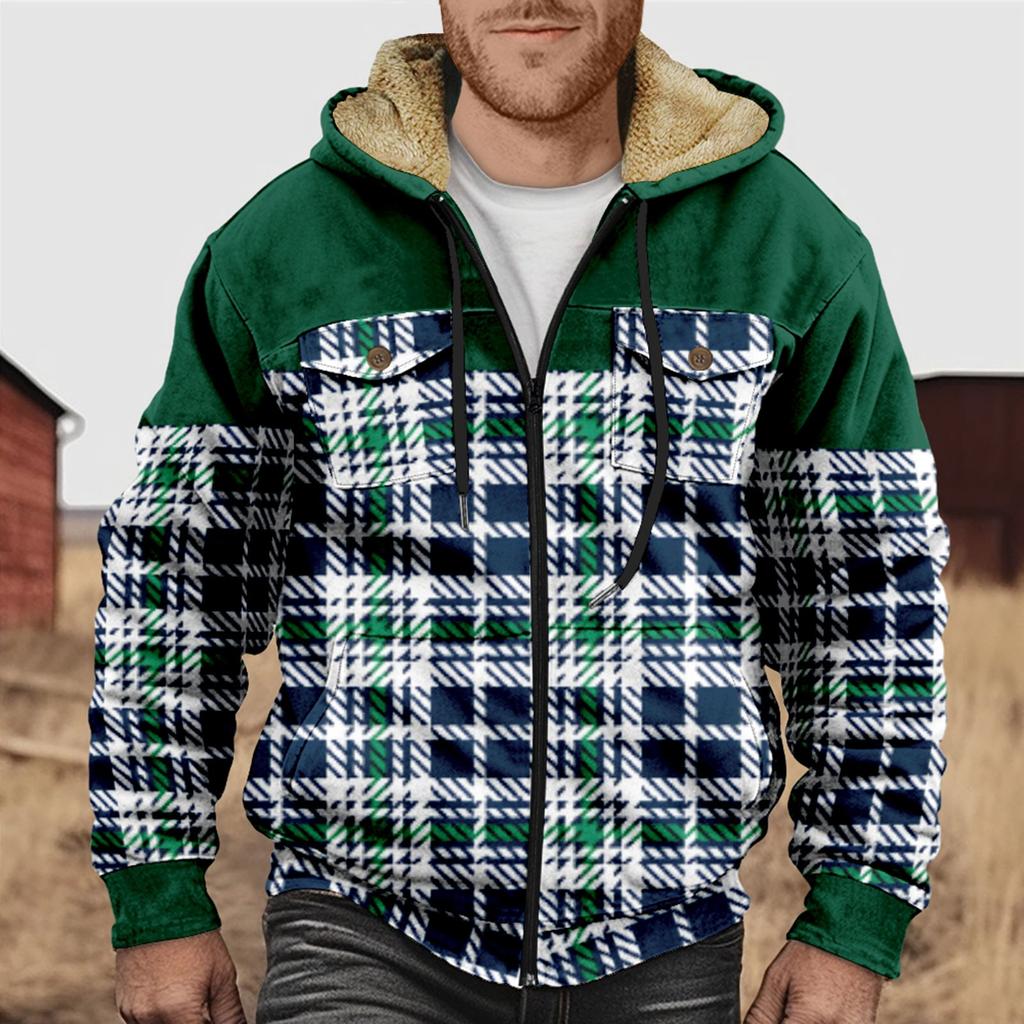 Men's Plaid Print Double Pocket Jacket Men's Spring And Autumn Casual Trend Zipper Hooded Jacket