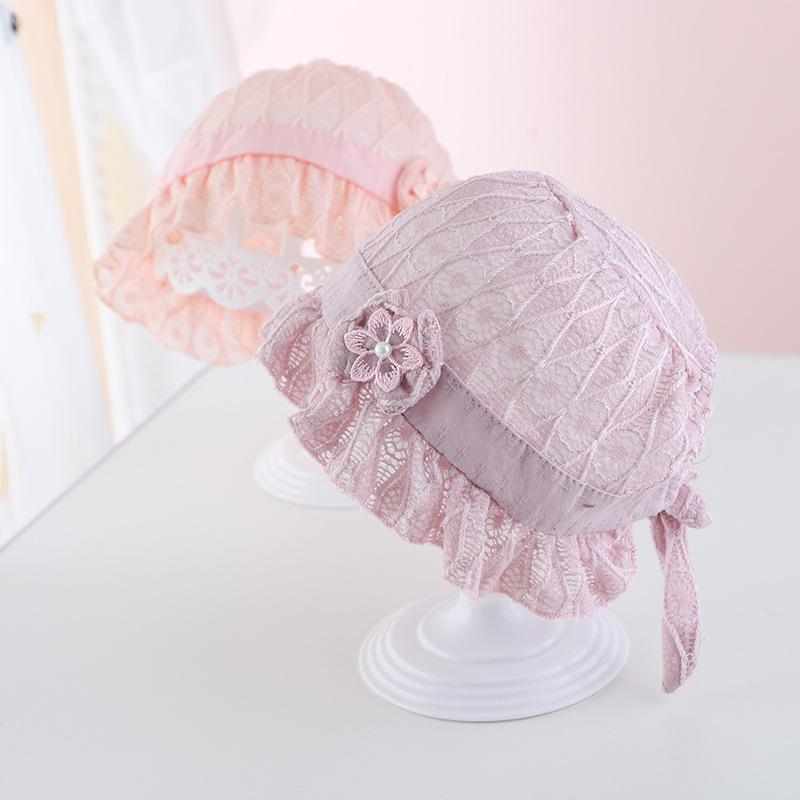 Шапочка принцессы с кружевом для малышей, весна-лето, сетчатая дышащая шапочка для девочек, солнцезащитные шляпы, однотонные, регулируемые, для новорожденных, шапочки-бини
