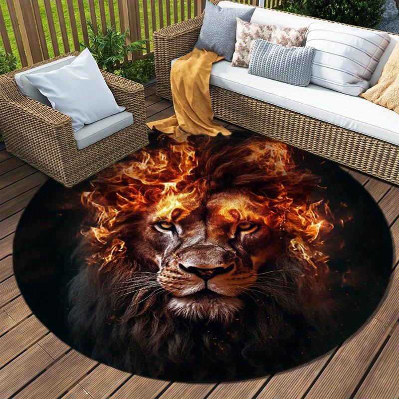 Flame Lion Round Rug Floor Mat Doorway Rug With Nonslip Backing Outdoor Patio Camping Rug Floor Mat Living Room Bedroom Decoration