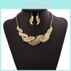 Fashion Rhinestone Decoration Feather Design Women Gold Necklace And Set Earring
