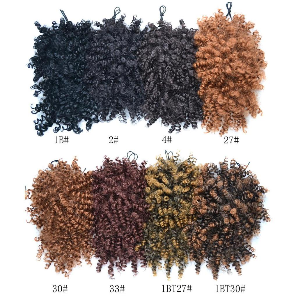 Afro Puff Hair Bun Chignon Drawstring Ponytail with Bangs, Black Kinky Curly Ponytail Bun with Bangs Updo Hairpiece For Women