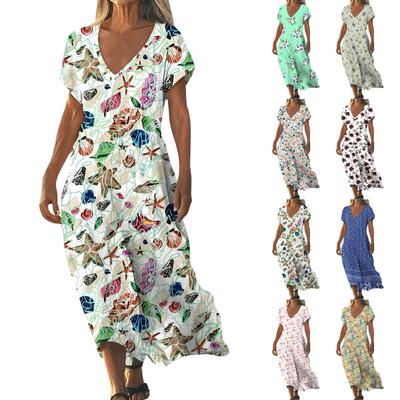 Летнее платье Женское длинное платье бохо для пляжа Элегантное платье макси V-образный вырез Короткий рукав Летнее платье-туника Легкое воздушное