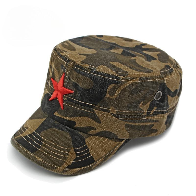 Vintage Camouflage Military Cap Red Star Embroidery Cotton Flat Top Hat Unisex Outdoor Sun Protection Hiking Travel Cap