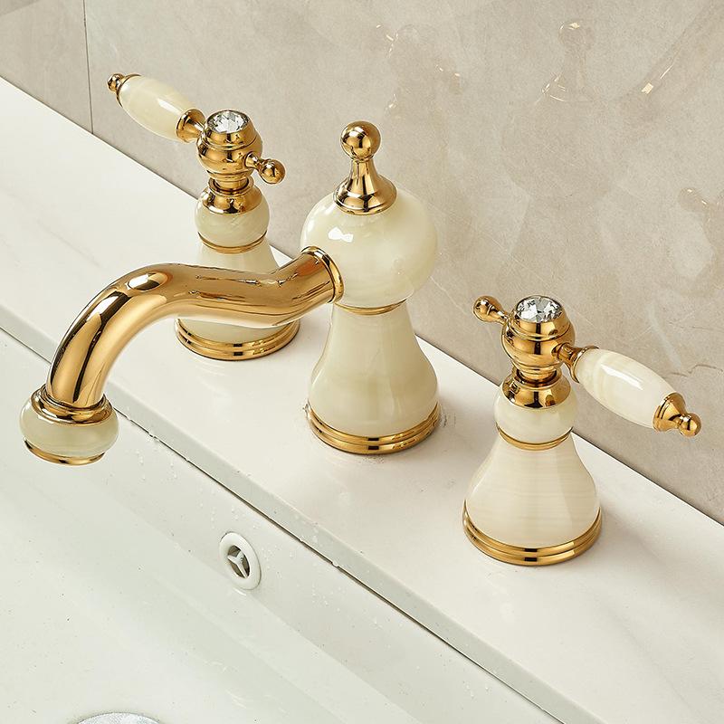 Смеситель для раковины из золотой латуни и нефрита, смеситель для раковины с тремя отверстиями, широко расставленный смеситель для раковины, двухрычажный кран для горячей и холодной воды, новое поступление
