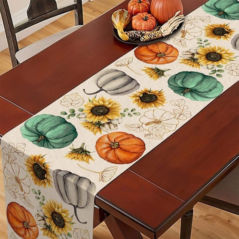Festive Table Runner Fall Thanksgiving Pumpkin Leavest Table Runners Table Cloth for Holiday Decoration