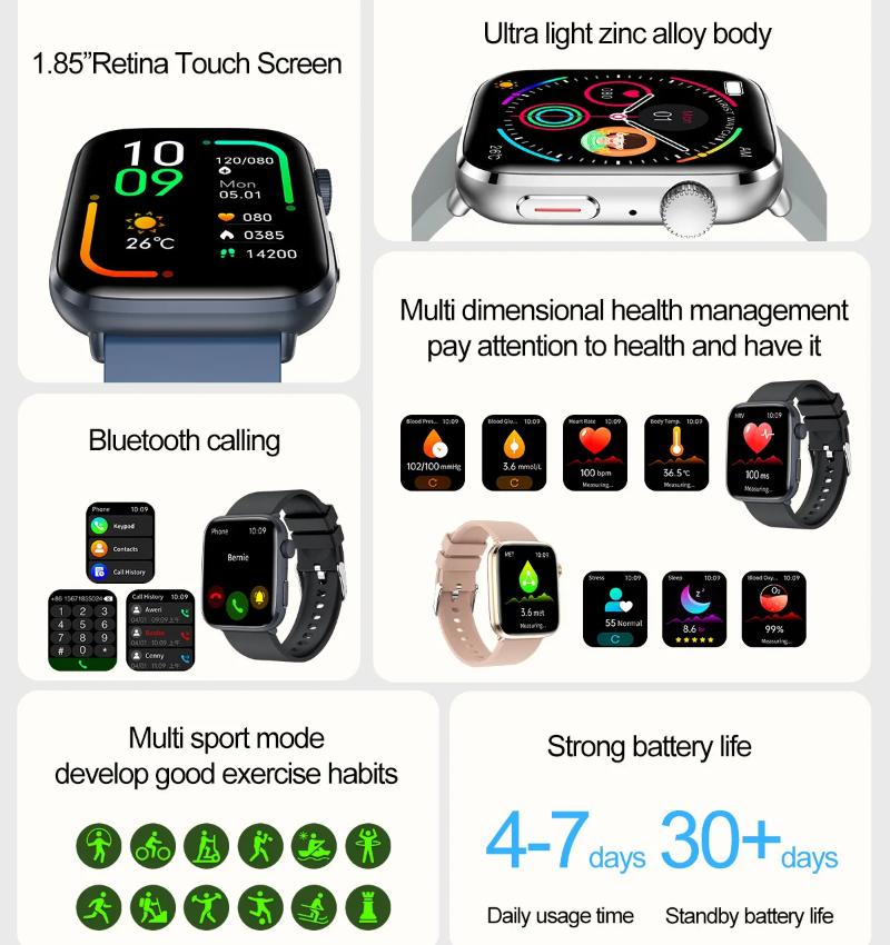 2025 Новые смарт-часы с NFC и Bluetooth-вызовом для мужчин, 1,85" AMOLED-экран, измерение артериального давления и пульса, женское здоровье, водонепроницаемые смарт-часы для женщин