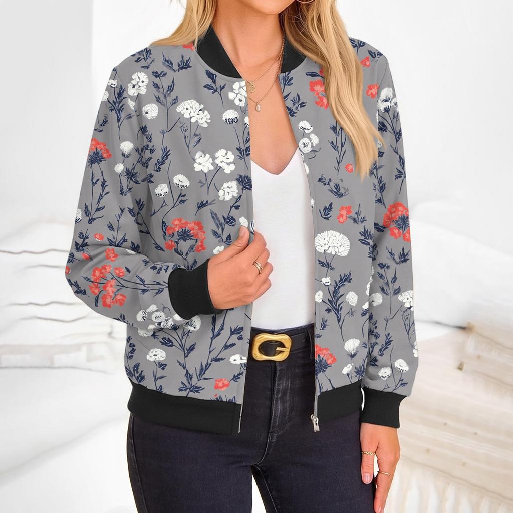 Women's Fashion Long Sleeve Floral Print Round Neck Zip Up Jacket