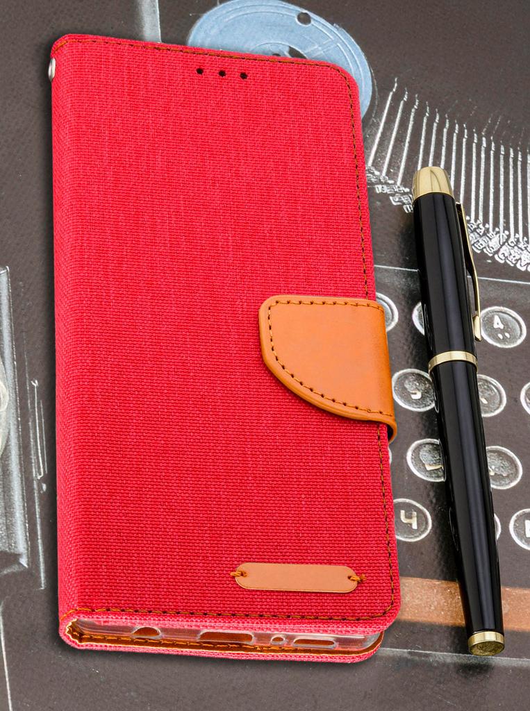 Etui Typu Portfel Do Motorola Moto G15 / G15 Power - Czerwony Pokrowiec Canvas + Szkło