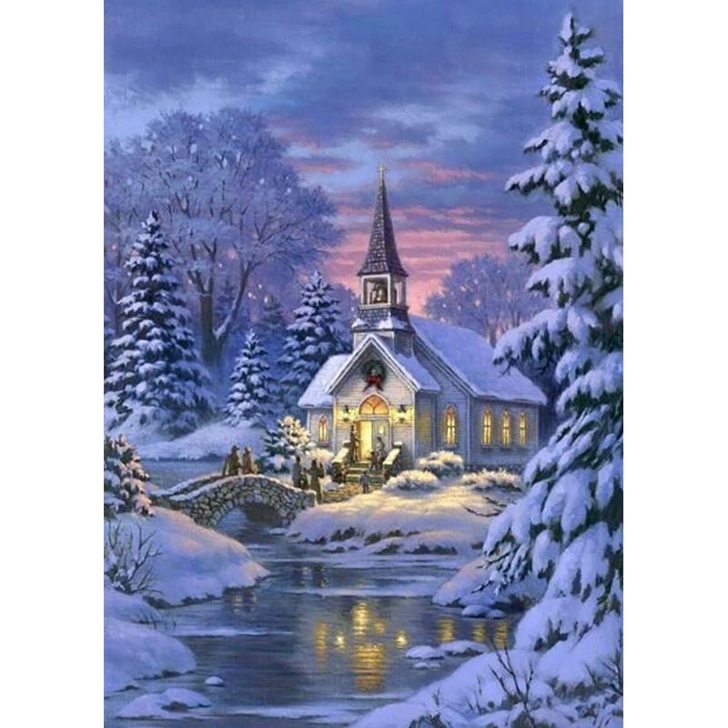 5D DIY алмазная живопись Зимний снежный пейзаж Пейзаж Полный Круглый Алмазный подарок Набор для вышивки крестом Мозаика Настенное искусство Домашний декор