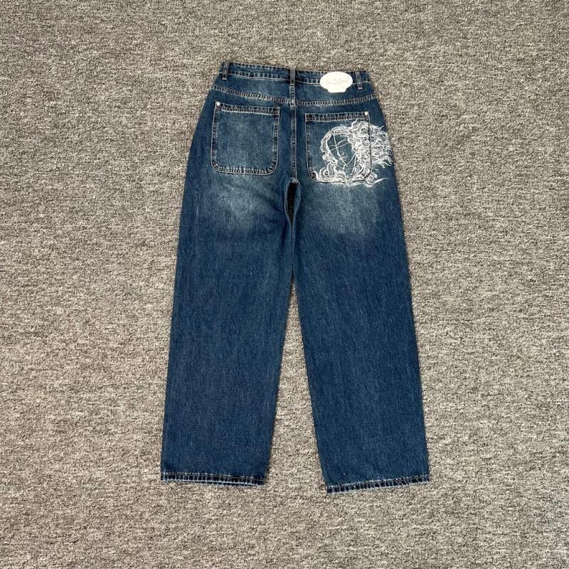 High Stretch Straight Leg Jeans Teens Bear Embroidery Distressed Wash Casual Pants
