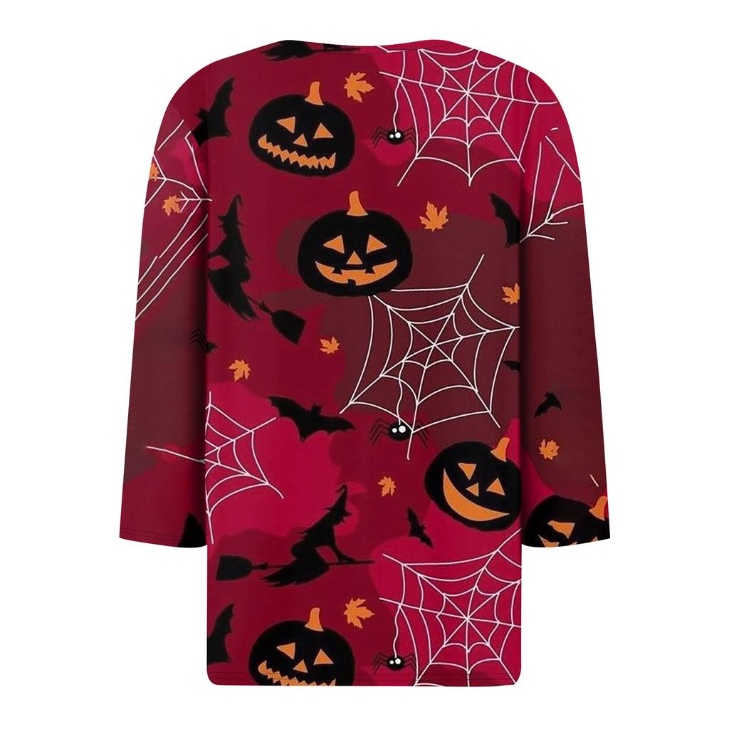 3/4 Length Sleeve Womens Tops Floral Halloween Print Vintage Fashion Casual Loose With V Neck Plus Size Shirts