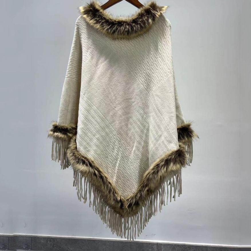 Элегантное вязаное классическое кейп с кисточками и меховым воротником - женское с застежкой спереди, новое теплое модное шаль для свадебной вечеринки и вечернего платья на осень и зиму