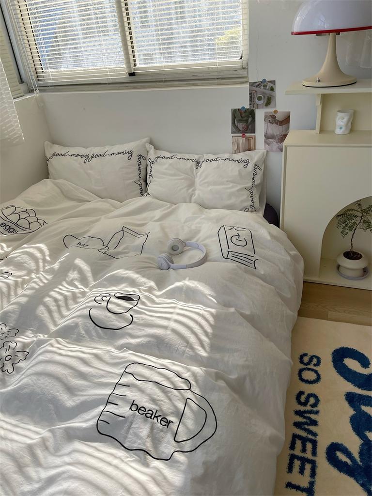 Стираный хлопок с вышивкой «девчачье сердце» из чистого хлопка, комплект из четырех предметов из стираного хлопка, простыня из чистого хлопка, пододеяльник