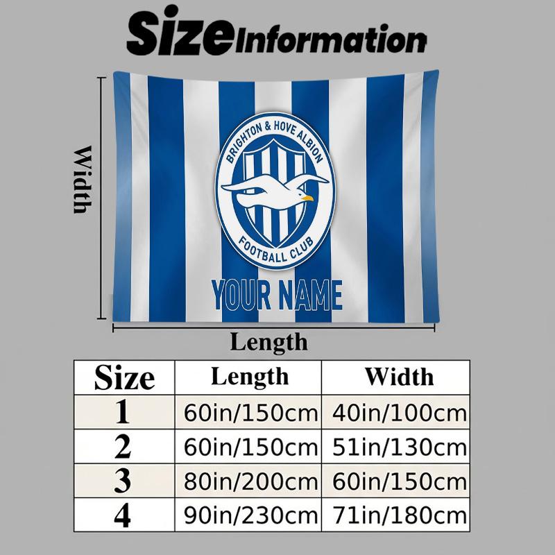 Custom Name Brighton & Hove Albion Printed Tapestry – Wall Hanging for Bedrooms, Dorms, and Home Decor