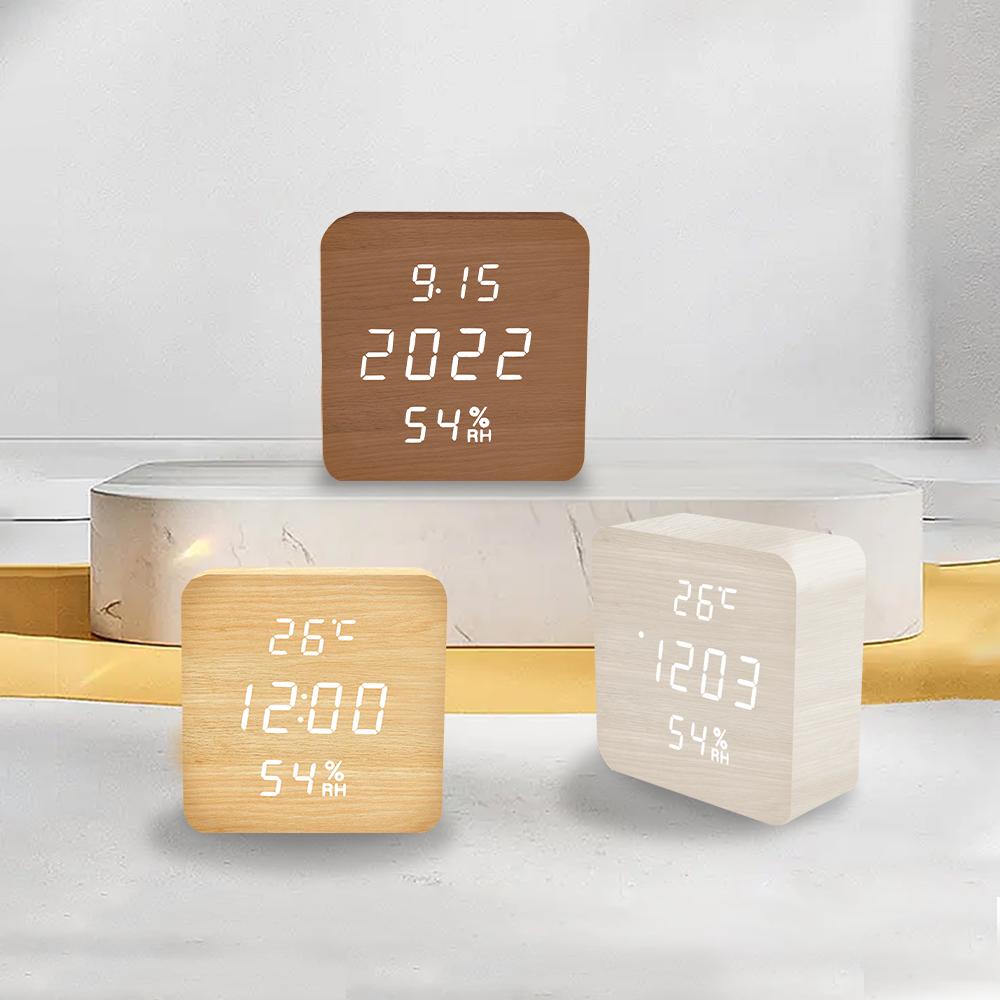 Маленькие деревянные часы с голосовым управлением для стола, комнаты, домашнего декора, цифровые, на батарейках, винтажные белые деревянные светодиодные будильники
