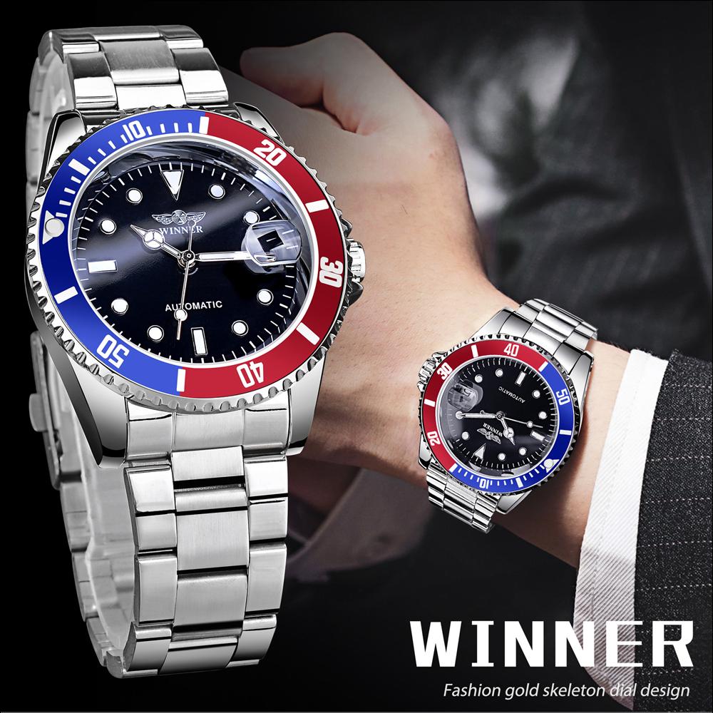 WINNER Top Men's Watch Automatic Mechanical Ribbon Calendar Water Ghost Series Watch Silver Stainless Steel Waterproof Luminous