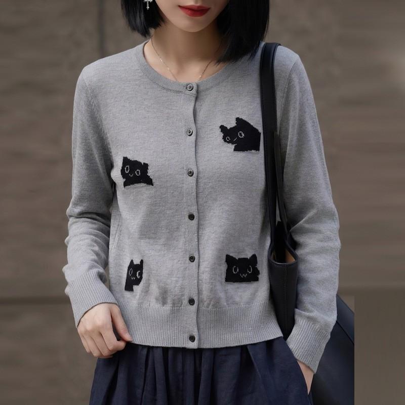 Womens Knitted Cardigan Sweater With 3D Animal Embroidery Round Neck Loose Fit Wool Blend Top Office Casual Wear