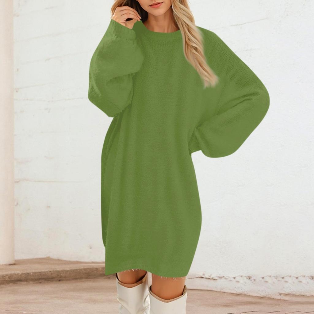 Women's Round Neck Casual Long Sleeve Plush Solid Color Dresses