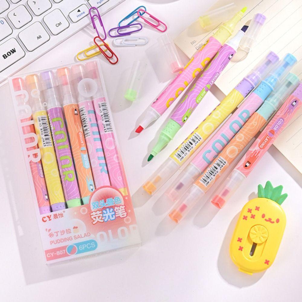 6Pcs/Set Stackable Color Marker Pen Plastic Color Painting Pen Double-ended Highlighter Diary