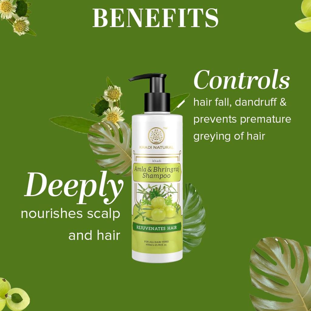 Khadi Natural Amla & Bhringraj Shampoo Pack of 2 X 650 ml Each for Dandruff Control & Hair Care