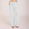Women Long Pants Elastic Drawstring High Waist Wide Leg Pants Solid Color Casual Loose Fit Summer Flowy Pants