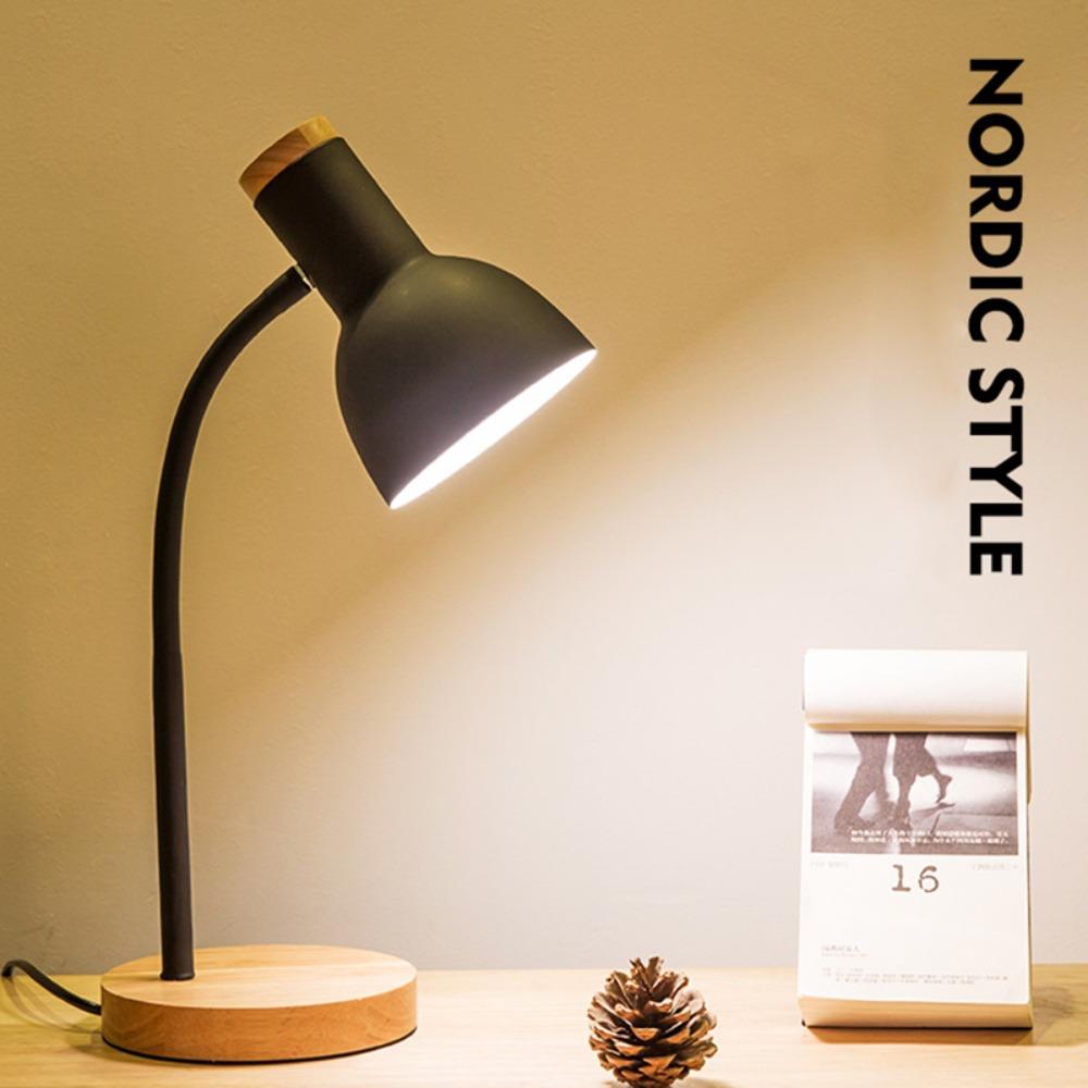 Solid Wood Base Table Lamp Iron Shade Table Light Minimalist Night Light  Dormitory