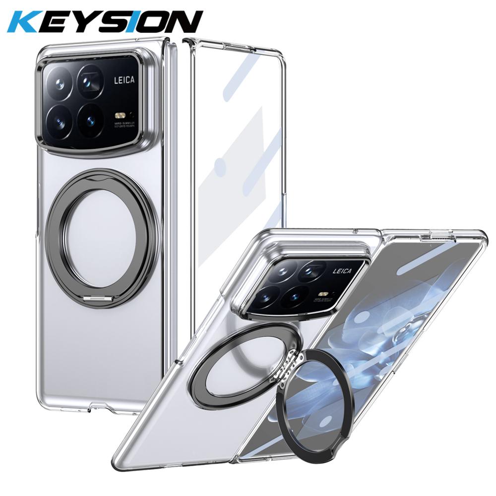 KEYSION Чехол-подставка с магнитным кольцом, вращающимся на 360°, для Xiaomi MIX Fold 4, прозрачная жесткая ПК-накладка для телефона со стеклянной защитной пленкой для экрана