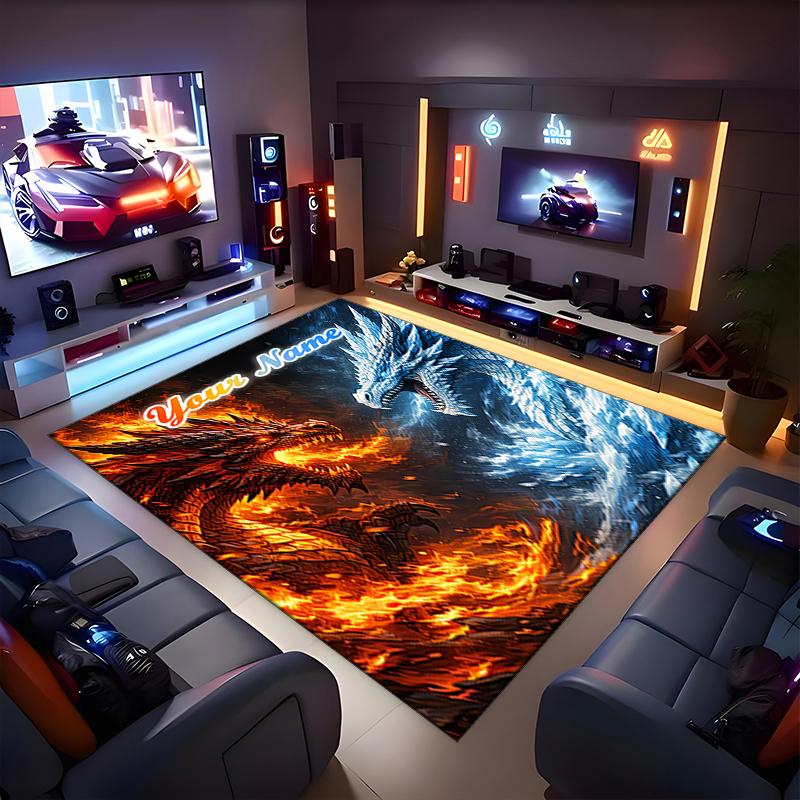 1PC Custom Name Fire vs Ice Dragons Theme Floor Mat Ideal for Living Room, Game Rooms, Office, Bedroom, Office Floor Mat , Floor Mats for Home