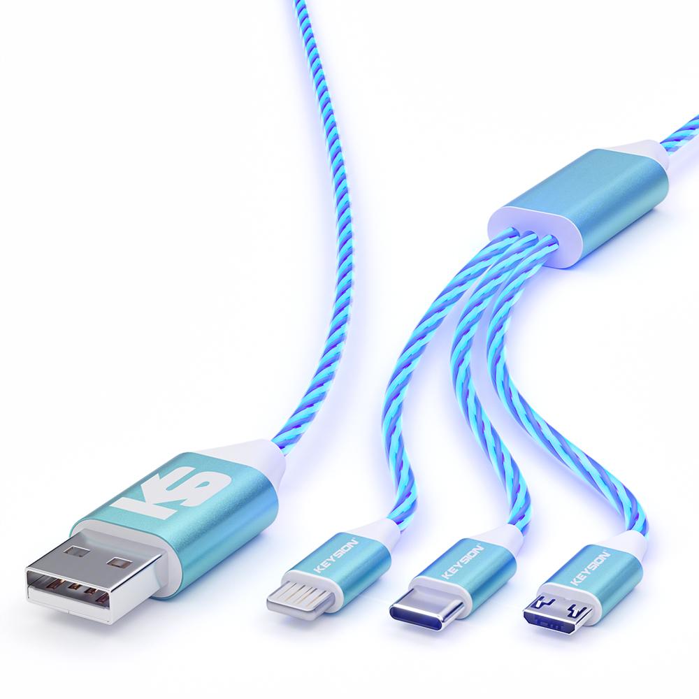 KEYSION 3 в 1 3A кабель для быстрой зарядки Micro USB Type-C провод для зарядки телефона светящийся светодиодный шнур для iPhone Samsung Xiaomi Redmi