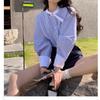 Women's French Blue Striped Stand-Up Collar Shirt - Long-Sleeve Petite Top for Spring/Autumn 2025
