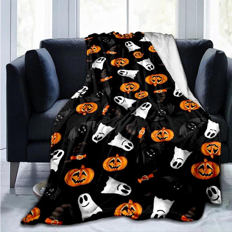 Halloween Pumpkin&horror Ghost Printed Blanket, Fashionable Warm Flannel Blanket, Sofa Bed Cover Blanket, Halloween Gift