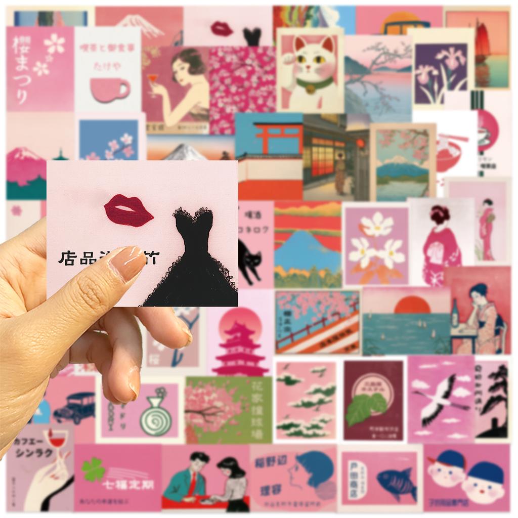 50pcs Pink Japanese Retro Aesthetics Sticker Pack Decals for Laptops Water Bottles Phones Guitars Vibrant Designs Stickers