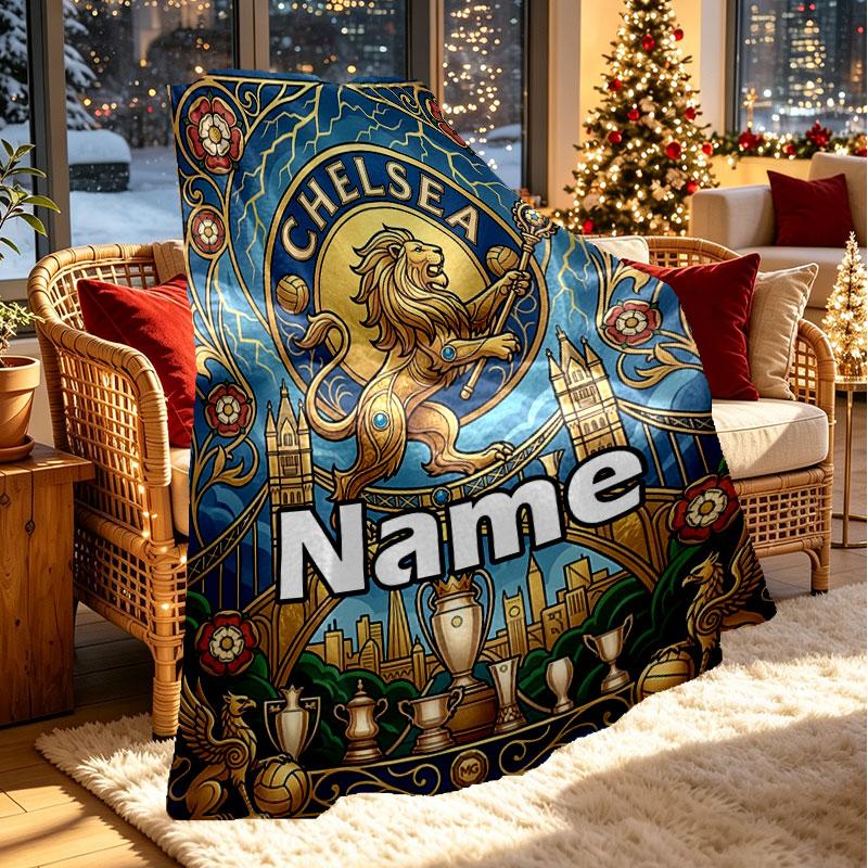 Custom Name Personalized Chelsea Football Club Print Blanket, Home Decor, Bedroom, Sofa, Camping, Couch, Gifts for Birthday Christmas