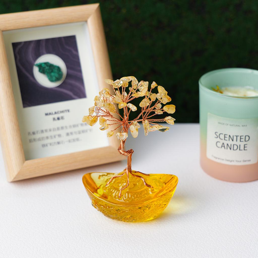 1pc Natural Crystal Citrine Fortune Tree Glass Base Hand-Woven Lucky Tree Home Office Desktop Decoration Holiday Gift